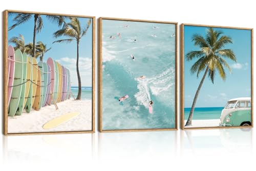 Image of KAIRNE Ocean Beach Framed Canvas Wall Art Set, Coastal Seascape Surfboard Wall Decor, Modern Palm Tree Art Prints, Summer Surfing Blue Artwork for Living Room, Bedroom, Farmhouse, Office-12 x16 x3