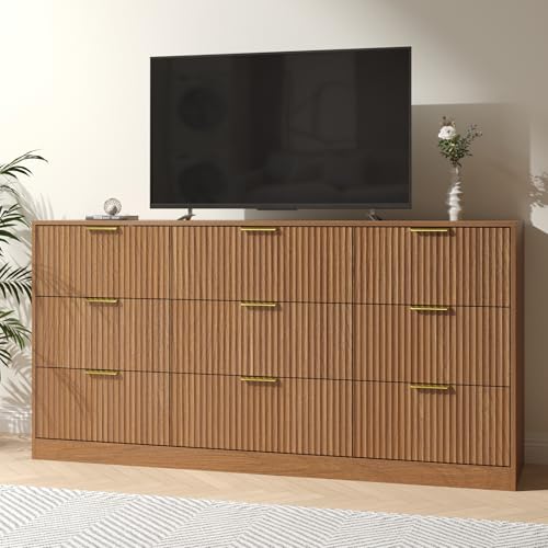 Image of Fluted Dresser for Bedroom with 9 Drawer, 63 inch Wide Wooden Dresser Mid Century Chest of Drawers with Handle, Dressers TV Stand Storage Organizer for Bedroom, Living Room, Natural Wood
