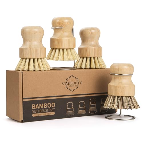 SAMEBUTECO 6-Piece Bamboo Dish Brush Set with Fast-Dry Stainless Steel Holder,3xNatural Sisal Bristle Brush & 1xPalm Bristle Kitchen Cleaning Brushes for Dishes, Pots, Pans & Sink