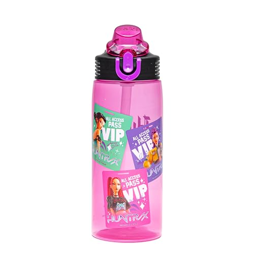 Zak Designs KPop Demon Hunters Sage Water Bottle For School or Travel 25oz Durable Plastic Water Bottle With Straw Handle and Leak-Proof Pop-Up Spout Cover BPA Free (Huntrix Pink)