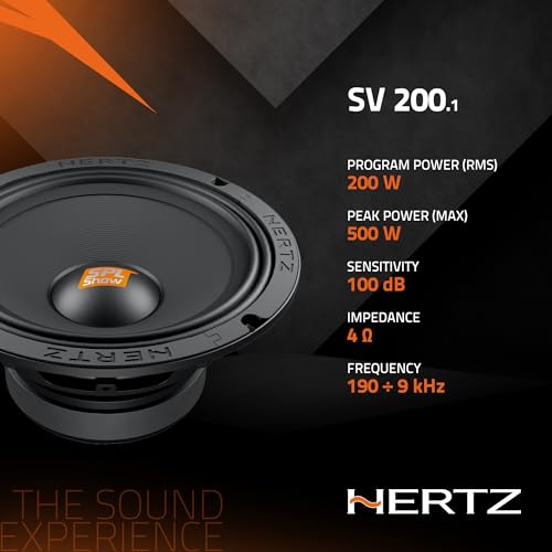 Hertz,Głośniki średniotonowe SV 200.1 do samochodów, 20 cm, niskotonowe, do zawodów SPL, 4 ohm, moc szczytowa 500 watów, 250 watów RMS, membrana z prasowanego papieru, kolor czarny