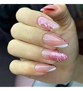 24Pcs Press on Nails Glitter French Fake Nails Medium Length Glue on Nails with Designs Cute Acry...