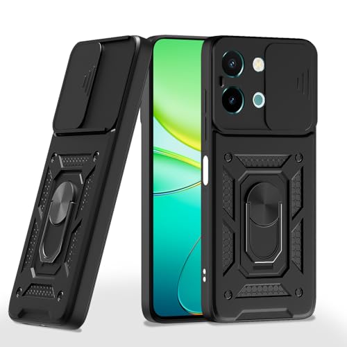 Image of Pikkme D10 Tough Armor Bumper Case | 360 Protection Case | Sliding Camera Shield Cover & Ring Holder Stand Back Cover for Vivo T3x 5G / Vivo Y200i 5G (Black)