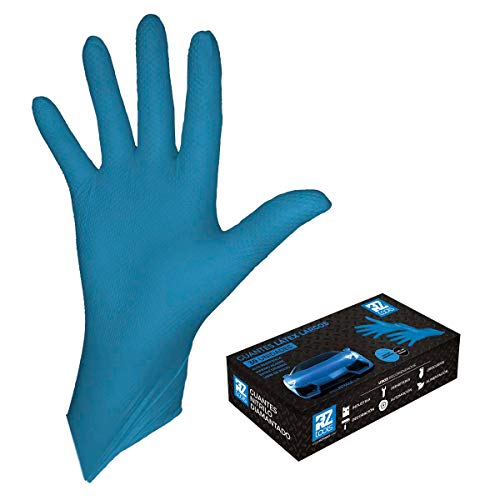 GUANTES de LÁTEX Largos SIN POLVO Mecánico EXTRA RESISTENTES - Caja 30 Guantes Látex DIAMANTADOS - REUTILIZABLES - Azules (Talla L)