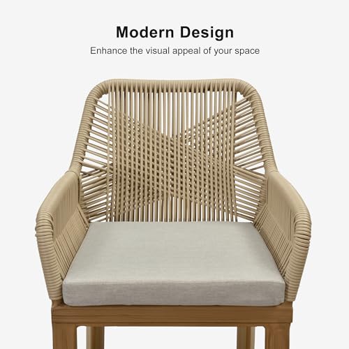Image of PURPLE LEAF Patio Bar Stools Set of 4 Weather Resistant PE Rattan, Teak