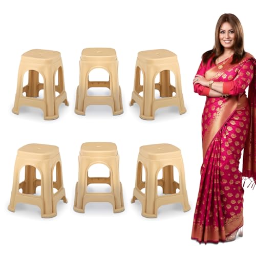 Image of MAHARAJA Strong & Durable Stool | Modern Beige Polypropylene Stackable Stool | Set of 1, Pre-Assembled (Beige, Pack of 6)