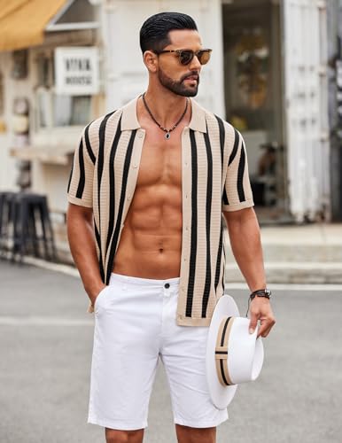 Image of COOFANDY Men's Knit Shirts Short Sleeve Button Down Polo Shirt Striped Casual Summer Beach Shirts