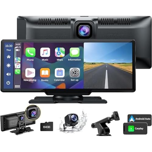 LAMTTO 9.26″ Wireless Car Stereo Apple Carplay with 2.5K Dash Cam, 1080P Backup Camera, Portable Touchscreen GPS Navigation for Car, Car Stereo Receiver with Bluetooth, AirPlay, AUX/FM, Googel, Siri