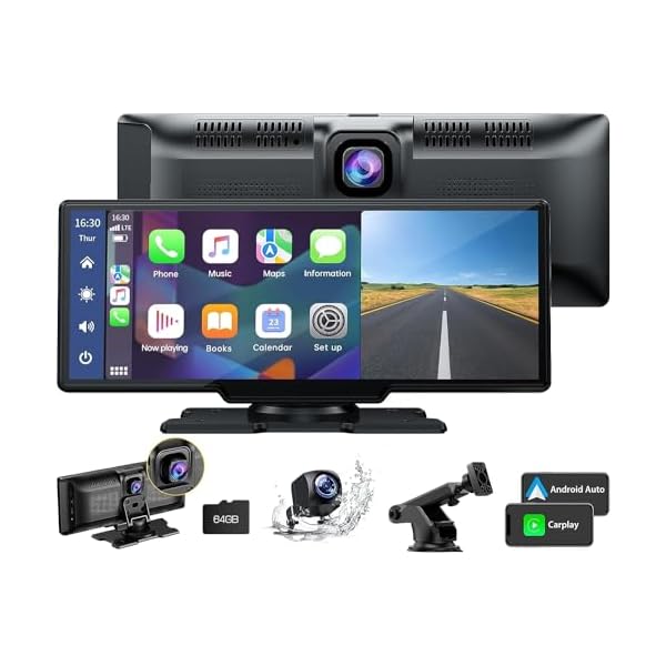 LAMTTO 9.26″ Wireless Car Stereo Apple Carplay with 2.5K Dash Cam, 1080P Backup Camera, Portable Touchscreen GPS Navigation for Car, Car Stereo Receiver with Bluetooth, AirPlay, AUX/FM, Googel, Siri
