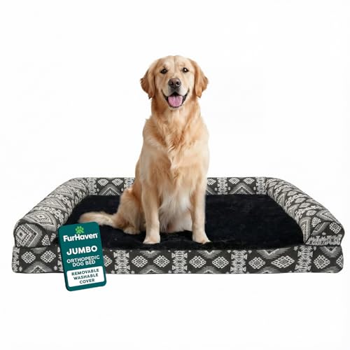 Furhaven Orthopedic Dog Bed for Large Dogs w/ Removable Bolsters & Washable Cover, For Dogs Up to 95 lbs - Plush & Southwest Kilim Woven Decor Sofa - Black Medallion, Jumbo/XL