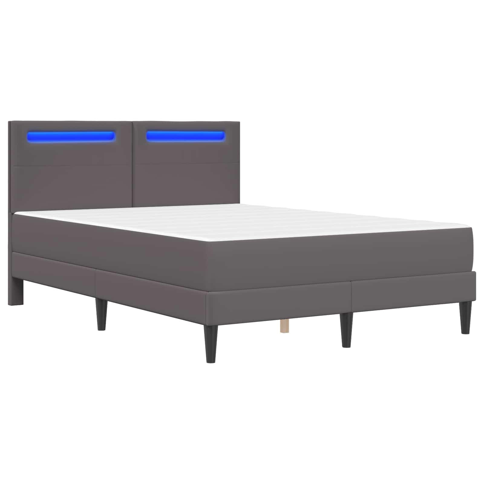 Marco de cama con tiras de luz LED, gris, 140 x 190 cm, piel sintética, cama de madera maciza con espacio de almacenamiento y cabecero para cama de matrimonio