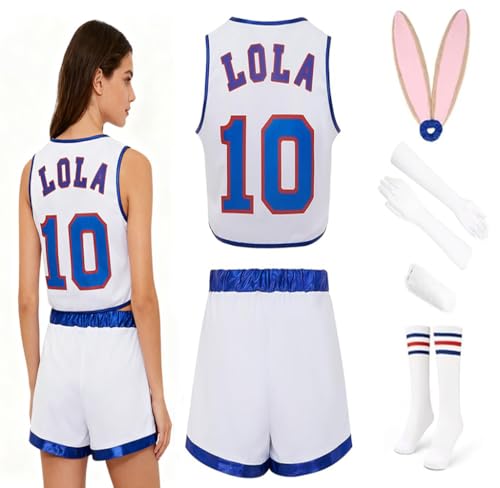 Halloween Costumes #10 Lola Jersey Bunnies Space Movie Lady Cheerleading Top&Shorts Outfit with 4pcs, Sport White, XL