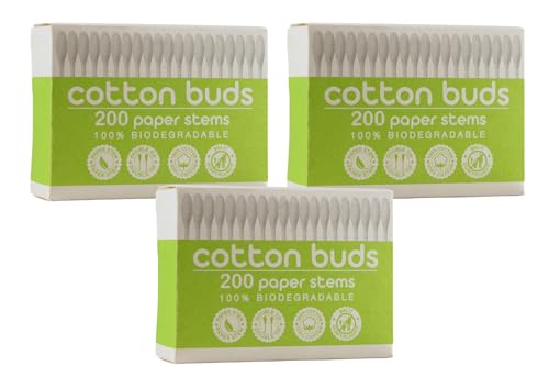 600 Pieces - CS Beauty Biodegradable Cotton Buds with Paper Stems, (3 Packs of 200), White - Ear