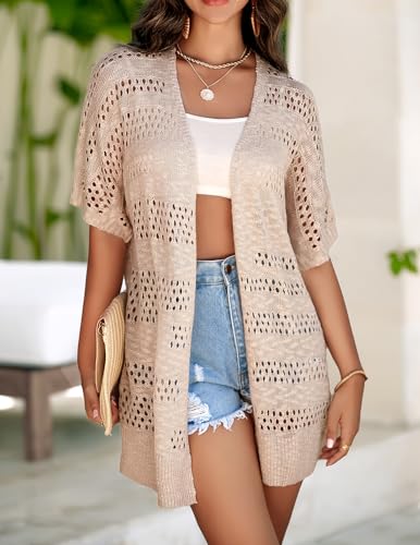 Zeagoo Lightweight Summer Crochet Cardigan for Women Short Sleeve Kimono Boho Oversized Open Front Knitted Cardigan4