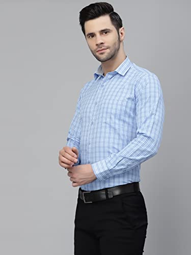 Image of Style Quotient Men Blue Tattersall Checked Polycotton Slim Fit Formal Shirt