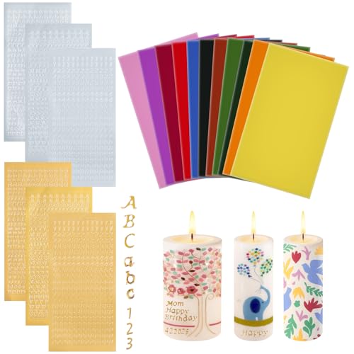 24 Stück Wachsplatten zum Kerzen Verzieren mit 6 Wachsbuchstaben für Kerzen 12 Farben Wachsplatten Buchstaben Aufkleber Gold Silver Für Kommunion Taufe und Basteln DIY Kerzenkunst