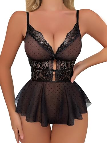 Image of Lilosy Sexy Bows Floral Lace Mesh Babydoll Lingerie Romper