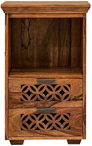 Image of Wooden Bed Side Table for Bedroom | Nightstand | End Table with 2 Drawer & Shelf | Natural Finish