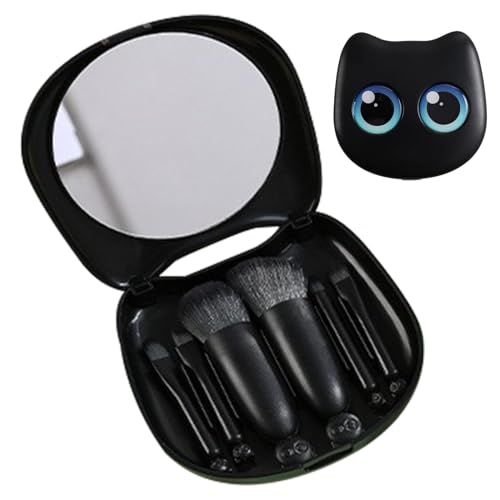Juego De Brochas De Maquillaje: Kit De Herramientas Cosméticas Portátil, 6 Brochas De Fibra Sintética Con Estuche De Espejo Para Gatos, Para Viajes Para Mujeres Amantes De Los Gatos, Aseo Pro