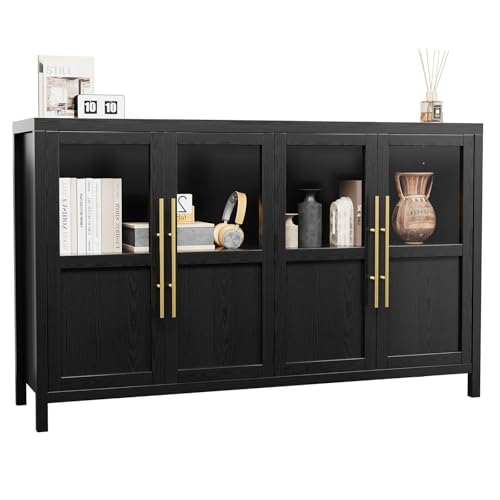 GarveeHome Sideboard Buffet Cabinet with 4 Glass Doors, 55" Buffet Table Coffee Bar Wine Bar Display Cabinet for Kitchen Dining Room, Living Room (Dark, Glass with 4 Doors)