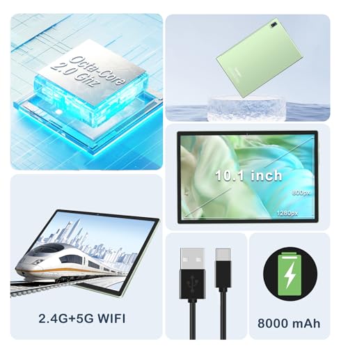 Image of Oangcc Android 13 Tablet 10 Inch 2026, 12GB+128GB+2TB Expand, 8000mAh Battery, Octa-Core, 5MP+8MP Dual Camera, 2.4G /5G WiFi, GPS, 1280x800 IPS, Tablets with Keyboard Mouse & Case - Green