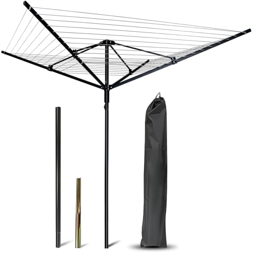 Outdoor Umbrella Clothesline, 165 Feet Heavy Duty Rotary Dryer with 12 Lines & 4 Arms, Adjustable Height Foldable Retractable Collapsible Metal Drying Rack for Backyard, Patio, Garden