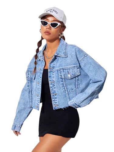 MakeMeChic Women's Casual Long Sleeve Raw Hem Jean Jacket Button Down Crop Denim Jacket