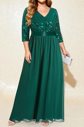 Image of Womens Plus Size Formal Dresses - V Neck 3 /4 Sleeve Sequin Prom Evening Gowns Long Maxi Dres