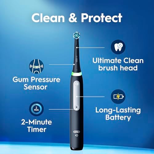 Oral-B iO 시리즈 3 한정판 딥 클린 충전식 전동 칫솔, 성인용, 블랙, 3가지 모드, 스마트 압력 센서, 플라그 제거 및 잇몸 관리, 교체용 브러시 헤드 2개, 여행용 케이스 — 사진 2