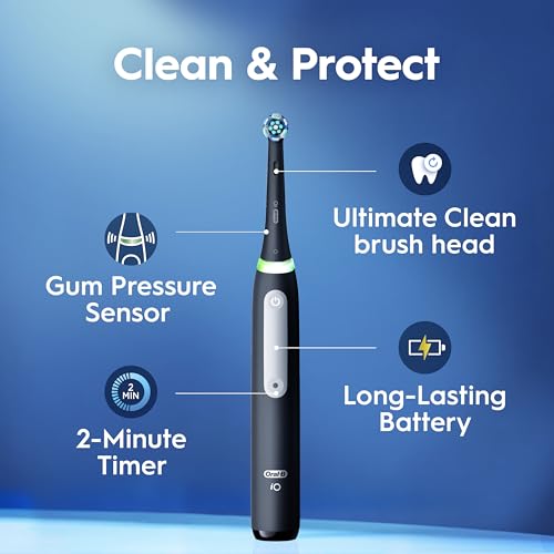 Oral-B Rechargeable Electric Toothbrush, iO3 Limited Deep Clean, 3 Cleaning Modes, Visual Pressure Sensor to Protect Gums, 2 Brush Heads, Travel Case, Black