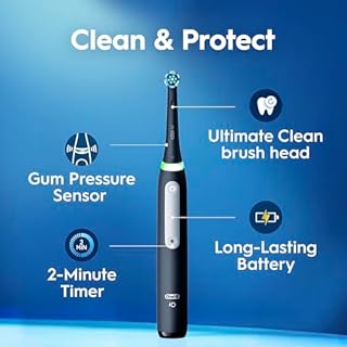 Oral-B Rechargeable Electric Toothbrush, iO3 Limited Deep Clean, 3 Cleaning Modes, Visual Pressure Sensor to Protect Gums, 2 Brush Heads, Travel Case, Black