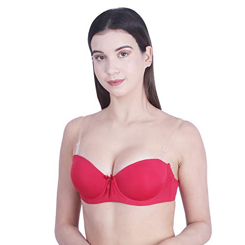 Image of Brachy Women Cotton Nylon Spandex Padded Underwire Strapless Backless Invisible Clear Transparent Back Push up Bra with (Free Extra Transparent Strap)