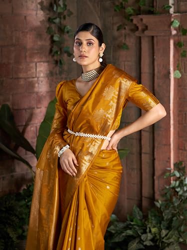 Image of MADHUHANSH Women's Cotton Silk Saree with Unstitched Blouse Piece Zari Weave and Floral Pattern | Heavy Embroidery Saree for Women | Interview Saree for Women | Readymade Blouse with Saree Set