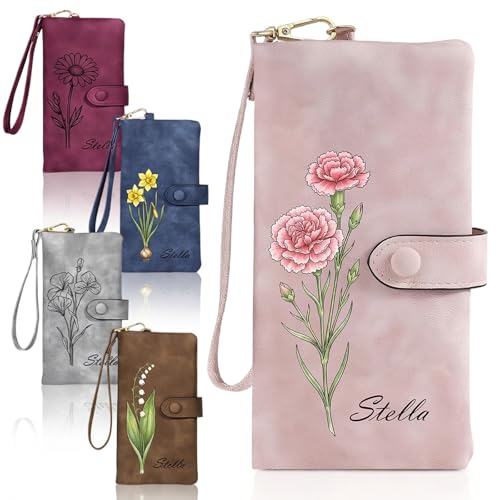 Image of Custom Wallet for Women Personalized Birth Flower & Name Purse Soft Leather Bifold Clutch with Strap Customized Gift for Mom Girlfriend