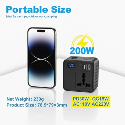 Image of 200W Car Power Inverter with 2 USB Ports (18W & 15W QC3.0), 1 USB-C 30W PD, and 2 AC Universal Outlets | 12V DC to 220V AC Converter for Laptop, Phone, and Electronics Charging