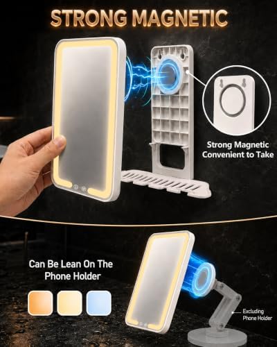 Large Battery Heated Shower Mirror Fogless For Shaving With Light 7000mAh Fogless Mirror For Shower,Removable Magnetic Charging Travel LED Lighted Shave Anti Fog Free With Storage Tray & Razor Holder