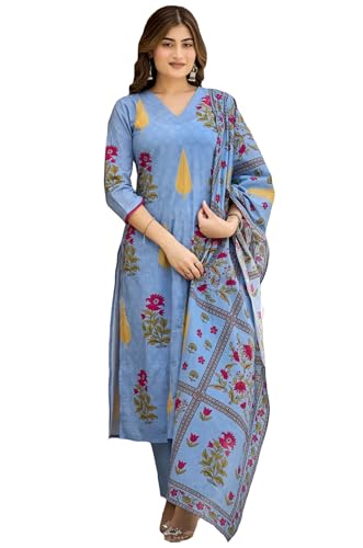 Image of GoSriKi Women's Rayon Viscose Printed Straight Kurta with Pant & Dupatta