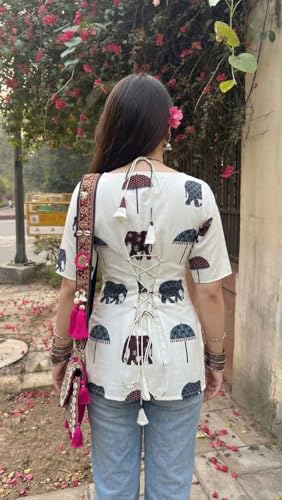 Image of ANNI Designer Women's Viscose Blend Printed Short Kurti | Straight Fit Casual Ethnic Top | Square Neck 3 /4 Sleeve Kurta Office College