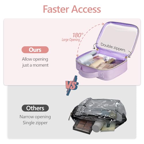 PACKISM Stylish TSA Approved Toiletry Bag Set, Glitter Texture, Clear Makeup Bags with Handle, 1 TSA Medium & 1 Large for Travel, Gift for Women, Purple