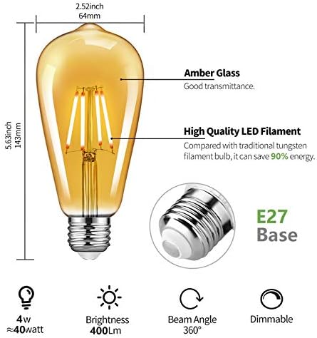 TopLeder E27 Edison Light Bulbs 4 Pack, 4W Dimmable Screw Bulb Vintage LED Filament Bulb 400LM 2700K Warm White, 40W Incandescent Equivalent, ST64 Amber Glass