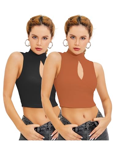 Image of Shasmi Women's & Girl's Black and Maroon Solid Ribbed High Neck Stand Collar Sleeveless Slim Fit Cut Out Tank Tops (Top 43)