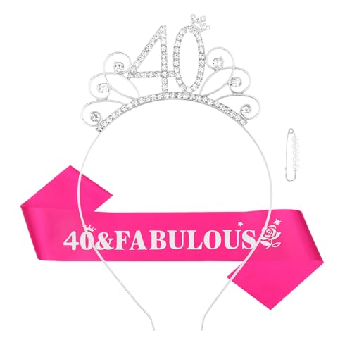 Casoty Silver ​40th Birthday Sash and Tiara for Women, 40th Birthday Decorations Women, 40 & Fabulous Birthday Sash and Crown Set, Gifts for Women, Party Supplies