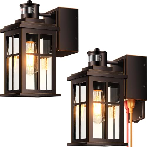 Image of OPAXIS 2 Pack Motion Sensor Outside Lights for House, Bronze Outdoor Porch Light with GFCI Outlet, Distance-Adjustable Exterior Lighting Fixtures for Porch, Patio, Garage, Waterproof, Anti-Rust