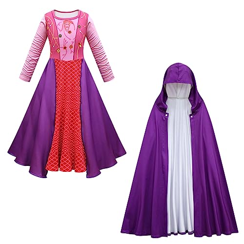IBTOM CASTLE Girls Sarah Sanderson Costume Kids Mary Winifred Sanderson Long Sleeve Witch Dress with Cloak Costume Halloween Carnival Party Fancy Dress Up Purple+Cloak 9-10 Years