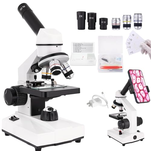 Compound Microscope, 2000x Magnification, with Smartphone Adapter, Slide Set, Dual LED Illumination System, Adult Microscope, Suitable for Beginners and Laboratory use (Monocular Microscope)
