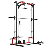 Soozier Power Cage Smith Machine, Multi-Function Power Rack with Pull Up Bar, LAT Pull Down System, Squat Rack, Barbell Bar, Landmine, Plate Storage Posts, for Home Gym