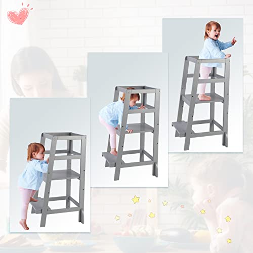 Foto von Lernturm Für Kinder, Baby Lernstuhl Kinderstuhl Höhenverstellbar, Lernturm Montessori ab 1 Jahr, Tritthocker mit Sicherheitsschiene, Küchenhelfer, Grau