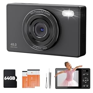 64GB Digital Camera for Kids Photography: 16X Zoom Compact Digital Camera Anti Shake - 48MP Video Camera for Vlogging Beginners Girls Boys Black