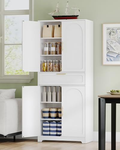 Hzuaneri 71' Kitchen Pantry Cabinet, Tall Storage Cabinet with Adjustable Shelves, 1 Drawer, 4 Doors, Freestanding Cupboards Sideboard for Dining Room, Living Room, Kitchen, White PT18103X