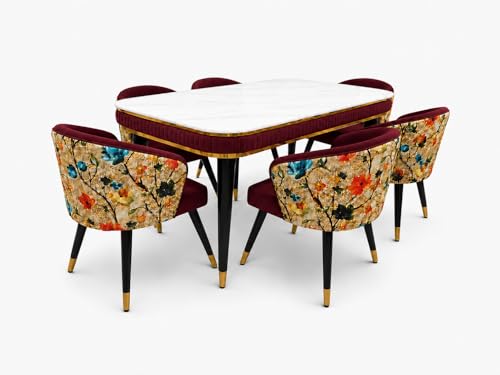 Image of WOODEN SPACE 6-Seater Wooden Dining Table Set | Nano Composite Marble Top | Solid Wood Base | Modern Dining Room Furniture with 6 Chairs (Maroon Printed)